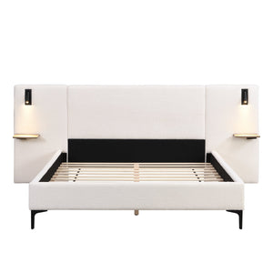 English Elm Christopher Knight Home® - Chic Boucle Upholstered Bed With Integrated Lighting & Shelves, Modern White Design, Queen Size N769P264793Q
