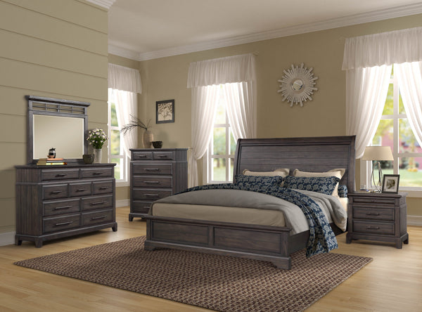 English Elm Queen Sleigh Bed Dark Mahogany Set with Dresser, Mirror, Chest & Nightstand — Solid Wood, Hardware B2699S00069
