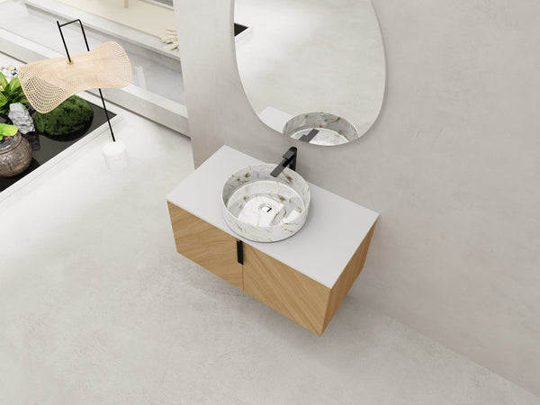 English Elm 36" Modern Bathroom Vanity With Ceramic Sink & Stone Slab, Wall-Mounted, Soft-Close Doors, Oak Finish W999S00450