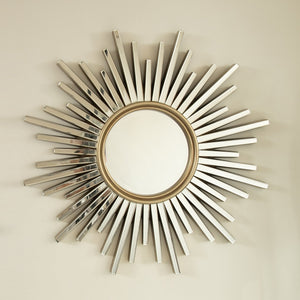 English Elm 33'' Gemme Mirror Silver Sunburst Wall Art Mirror — Luxurious PU Frame, Dresser Accent for Entryway W2615P346498