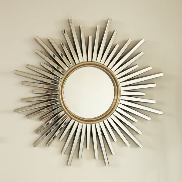 English Elm 33'' Gemme Mirror Silver Sunburst Wall Art Mirror — Luxurious PU Frame, Dresser Accent for Entryway W2615P346498