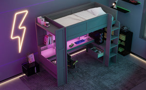 English Elm Wood Twin Loft Bed with Desk Led Lighting Charging Ports and Multi-zone Storage SM000373AAE