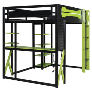 English Elm Full Size Loft Bed with Rgb Lighting Chevron Desk Usb Charging Ports and Storage Shelves Black+Green LT000286AAG