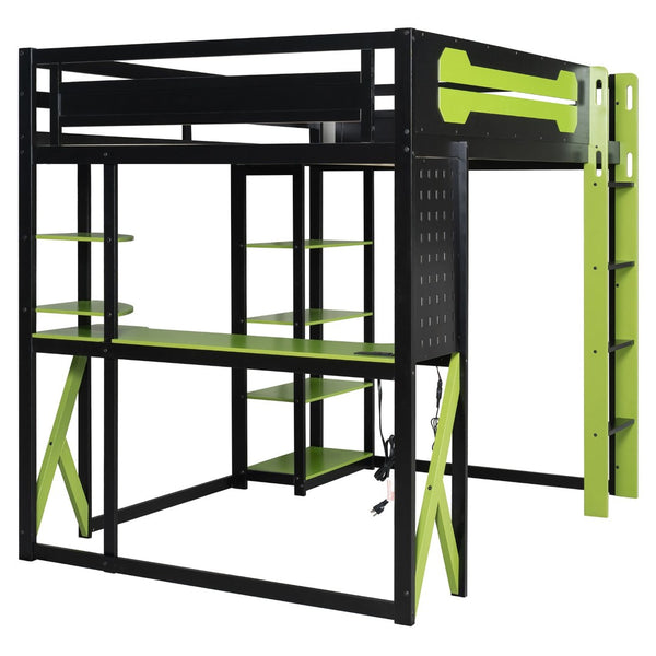 English Elm Full Size Loft Bed with Rgb Lighting Chevron Desk Usb Charging Ports and Storage Shelves Black+Green LT000286AAG