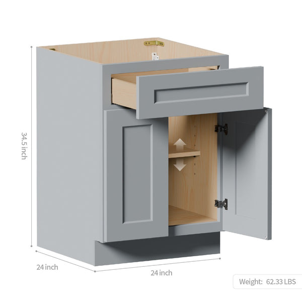 English Elm 24" Gray Shaker Solid Wood Base Cabinet Soft Close Drawer Adjustable Kitchen Bath W5662P465949
