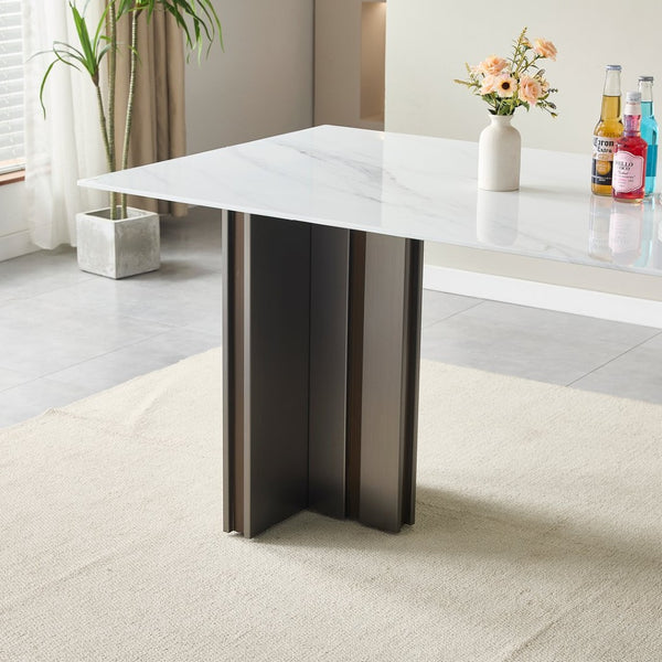 English Elm 69.30 Inch Rectangular Dining Table Marble Pattern Top with Polished Steel Legs Seats Six W3357S00002