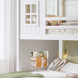 English Elm Twin Over Full Playhouse Bunk Bed with Slide Ladder Storage Shelves and Wardrobe Light White W5305S00039