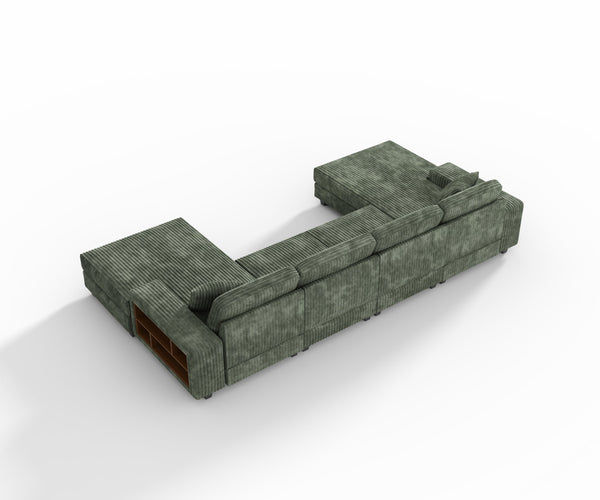 English Elm Convertible U-Shaped Sofa With Storage, Modern Corduroy Design For Spacious Living Rooms, Green W1793S00029
