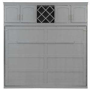 English Elm Queen Murphy Wall Bed with Storage Cabinets and Wine Rack for Small Space Living Gray LP000879AAE-1