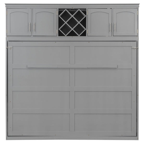 English Elm Queen Murphy Wall Bed with Storage Cabinets and Wine Rack for Small Space Living Gray LP000879AAE-1