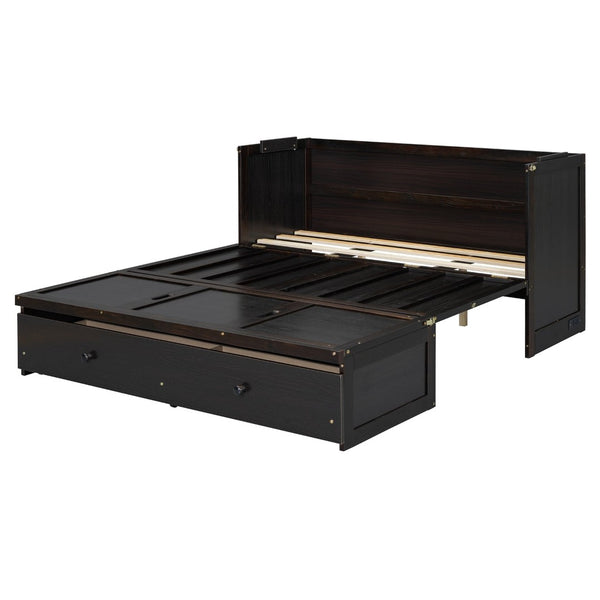 English Elm Queen Murphy Wall Bed with Pull Out Drawer and Built in Usb Charging Cabinet Espresso N708P205905P