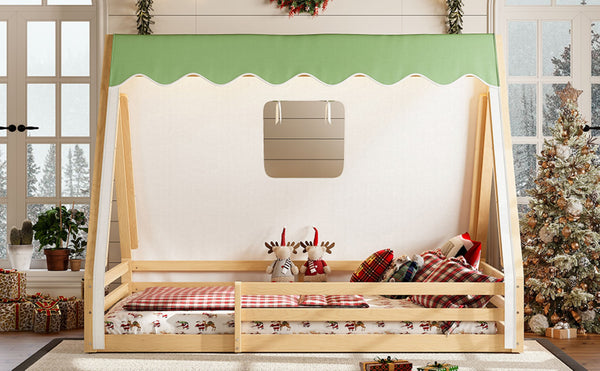 English Elm Twin Montessori Floor Bed Solid Pine Teepee Frame with Guardrails and Canopy Light Natural W1580P369468