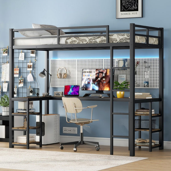 English Elm Twin Xl Metal Loft Bed With Integrated Desk And Storage, Stylish Space-Saving Solution In Black Finish W1580S00045-GIGA