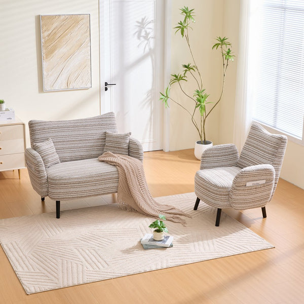 English Elm Modern tufted two-seater sofa with boucle upholstery, tapered legs, storage pockets and plush comfort for small spaces and offices khaki W395P376587