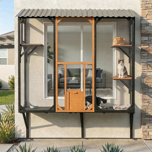 English Elm Outdoor Fir Wood Window Catio Enclosure with Four Climbing Platforms for Cats Black,Brown N719P418371D