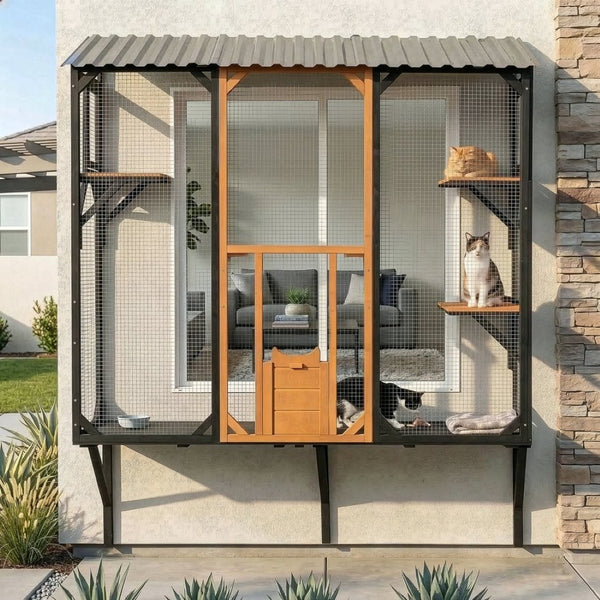 English Elm Outdoor Fir Wood Window Catio Enclosure with Four Climbing Platforms for Cats Black,Brown N719P418371D