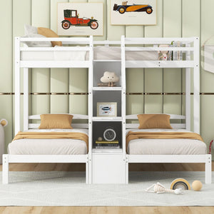 English Elm Twin Triple Bunk Bed Pine Frame with Staircase Storage Drawers for Kids Rooms GX000309AAK