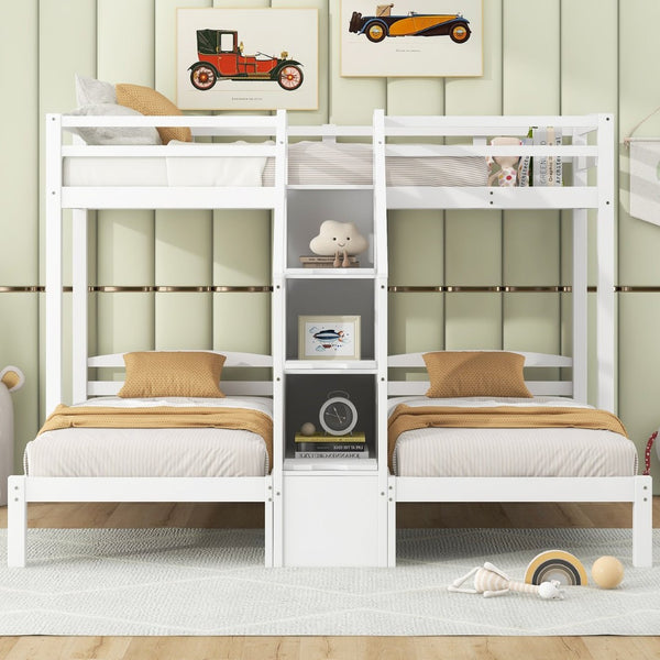 English Elm Twin Triple Bunk Bed Pine Frame with Staircase Storage Drawers for Kids Rooms GX000309AAK