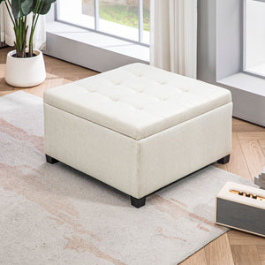 English Elm HOMCOM Tufted Fabric Storage Ottoman with Flip-Top Lid, Eucalyptus Frame, Soft Cushioned Seat, 28" Beige W2225P217742