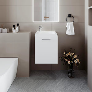 English Elm White Floating Bathroom Vanity with Integrated Sink — Space-Saving Soft-Close Door, Bright Modern Storage (19.7" H) B062P303920