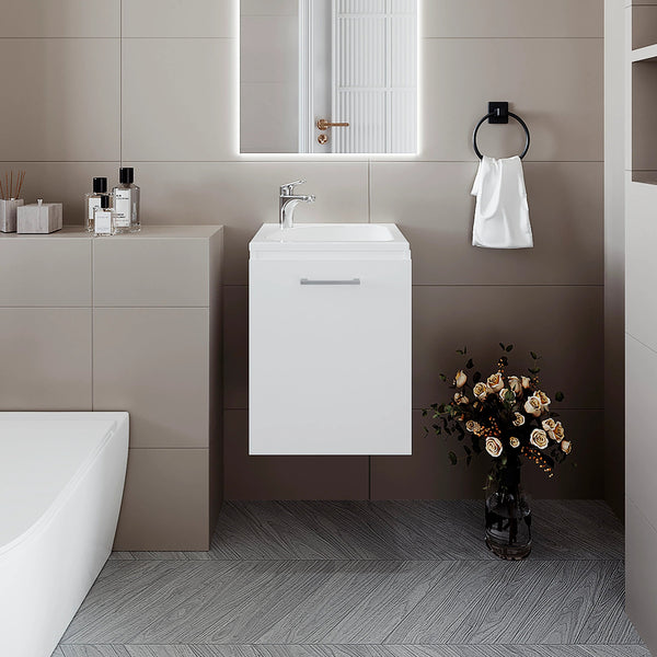 English Elm White Floating Bathroom Vanity with Integrated Sink — Space-Saving Soft-Close Door, Bright Modern Storage (19.7" H) B062P303920