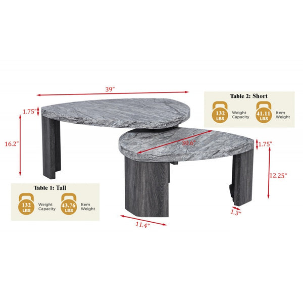 English Elm Granite 2-Piece Gray Marble-Look Nesting Coffee Table Set — Space-Saving Modern Sofa Side Tables B011P356298