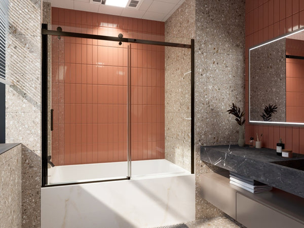 English Elm 56-60 in Semi-frameless Sliding Bathtub Door Matte Black 8mm Tempered Clear Glass W637P349406
