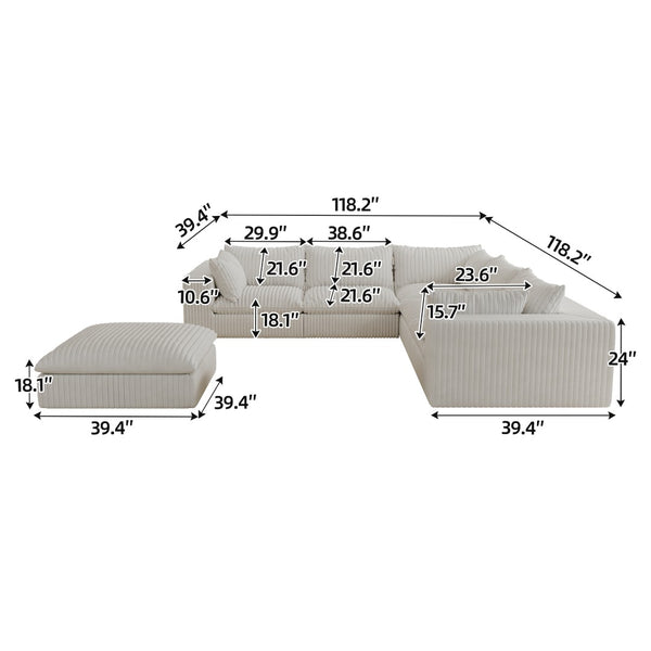 English Elm 118.2" Modular Cloud Sofa Corduroy Upholstered Deep Seat Lounge for Living Room White W2824S00161