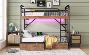 English Elm Twin Xl Metal Bunk Bed With Led Light & Charging Station, 2 Storage Drawers For Organized Living W2580S00048-GIGA