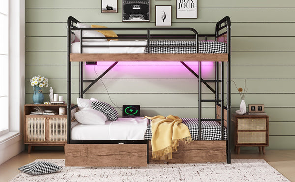 English Elm Twin Xl Metal Bunk Bed With Led Light & Charging Station, 2 Storage Drawers For Organized Living W2580S00048-GIGA