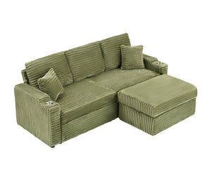 English Elm 80" Corduroy Multi-Function Sofa with Hidden Recliner, Space-Saving Design, Armrests, Cup Holders, Removable Footstool Green W3356S00019
