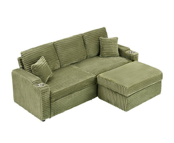 English Elm 80" Corduroy Multi-Function Sofa with Hidden Recliner, Space-Saving Design, Armrests, Cup Holders, Removable Footstool Green W3356S00019