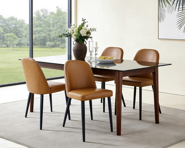 English Elm Beige Pu Leather Armless Dining Chair Set of 4 with Matte Black Iron Legs Modern Brown Yellow T3967P497835