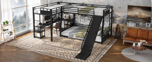 English Elm L-shaped Metal Triple Bunk Bed with Slide Desk Shelves Sleep Study Play Zone W1580S00280