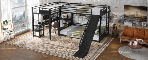 English Elm L-shaped Metal Triple Bunk Bed with Slide Desk Shelves Sleep Study Play Zone W1580S00280