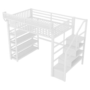 English Elm Full Metal Loft Bed with Stair Storage Rgb Lighting and Charging Station for Teens White W2580S00075