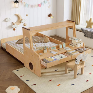 English Elm Full Size Car Shaped Kids Platform Bed with Storage Drawers Integrated Desk Pine Wood Natural W1580S00489