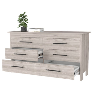 English Elm Luxor Six Drawer Double Dresser Light Gray with Black Metal Pulls, Superior Top & All-Metal Gliders B128S00102