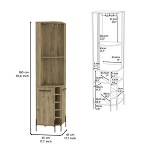 English Elm Corner Bar Cabinet with Ten Built-In Wine Slots, Cup Rack & Spacious Top Shelf for Entertaining Beige 28.74 L x 22.44 W x 4.72 H B097S00170