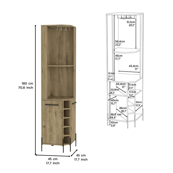 English Elm Corner Bar Cabinet with Ten Built-In Wine Slots, Cup Rack & Spacious Top Shelf for Entertaining Beige 28.74 L x 22.44 W x 4.72 H B097S00170