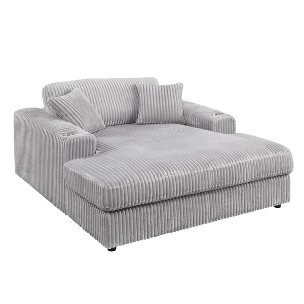 English Elm Hilde Light Gray Corduroy Chaise with 2 Pillows — Pocket Coil Seating, Removable Covers, Cup Holder B2726P345946