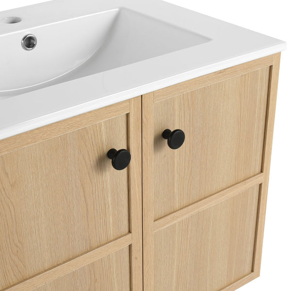 English Elm 24" Wall Vanity Cabinet Oak Finish, Wall-Mounted Floating Design, 2 Soft-Closing Doors, Plywood W1972P265272