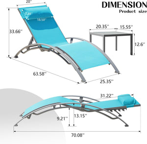 English Elm Pool Aluminum Chaise Lounge Set with Breathable Textilene, 5-Position Ergonomic Seats & Table Lake Blue W1859P321473