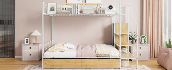 English Elm Twin Metal Bunk Bed Twin-Over-Full with Built-In Drawer, Ladder Storage, Wardrobe & Trundle Utility White SF000174AAK