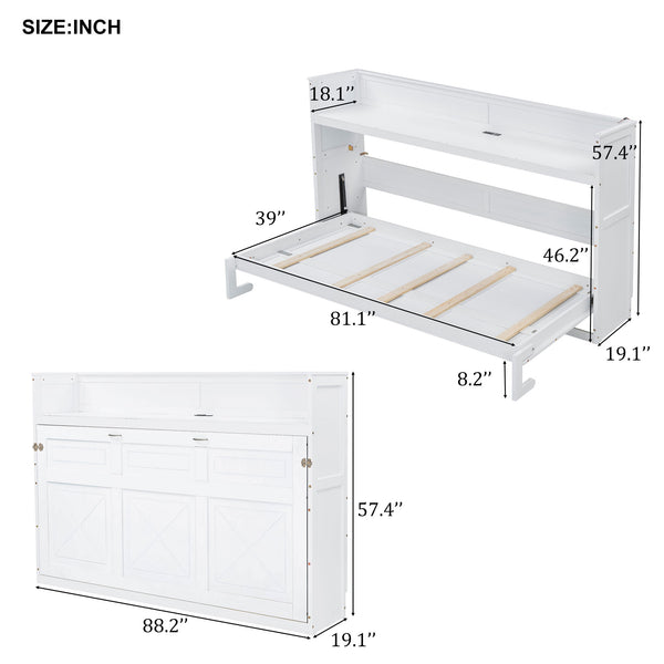 English Elm Twin XL Murphy Bed with Desk, LED Lighting and USB Charging Station — Space-Saving Solid Pine Design White N7090005001W