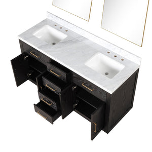 English Elm Black Oak Double Bath Vanity 60" W With Carrara Marble Top & Modern Frameless Mirrors For Elegance B2731S02137