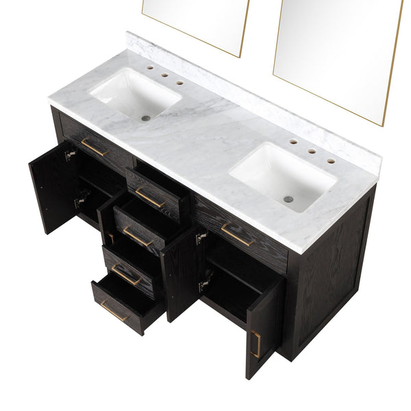 English Elm Black Oak Double Bath Vanity 60" W With Carrara Marble Top & Modern Frameless Mirrors For Elegance B2731S02137