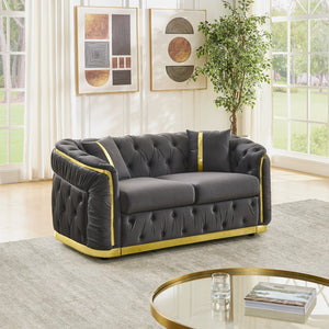 English Elm 62.6 Inch Chesterfield Velvet Loveseat with Gold Steel Trim Button Tufted Luxury Seating Gray W1191S00091