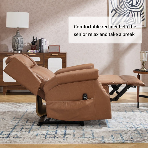 English Elm Emon's Overstuffed Chenille Power Lift Recliner with Massage Heat and Charging Ports Camel W1803S00093