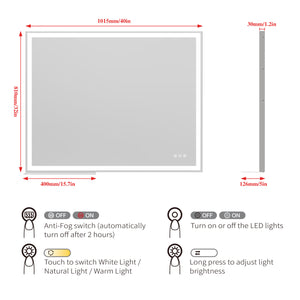 English Elm 32x40 LED Bathroom Vanity Mirror Silver Frame IP44 Anti-Fog Touch Dimmer Memory Tray Modern Smart W708P176758